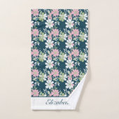 Monogramme Bleu marine Rose Vert Blanc Floral Fleu (Serviette à main)