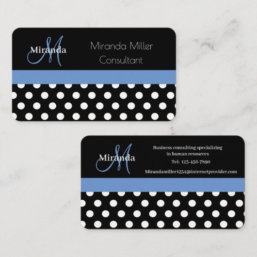 Monogramme bleu noir blanc Polka Carte de visite (Devant / Derrière)