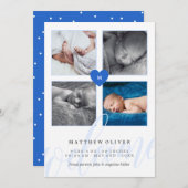 Monogramme bleu Photo Collage Faire-part bébé (Devant / Derrière)