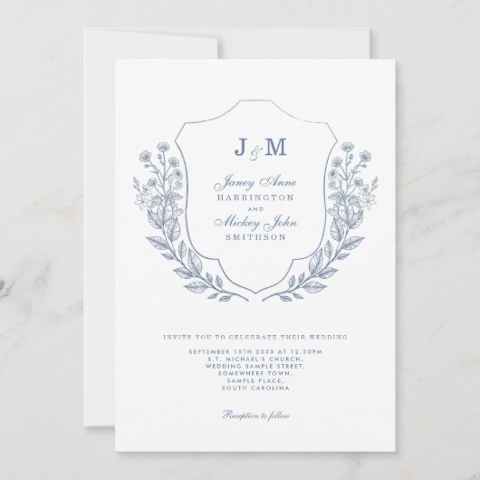 Monogramme bleu poussiéreux Faire-part de mariage (Devant)