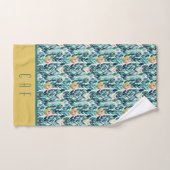 Monogramme bleu vert jaune feuilles motif de feuil (Serviette à main)