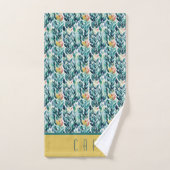 Monogramme Bleu Vert Jaune Feuilles Motif Feuille (Serviette à main)