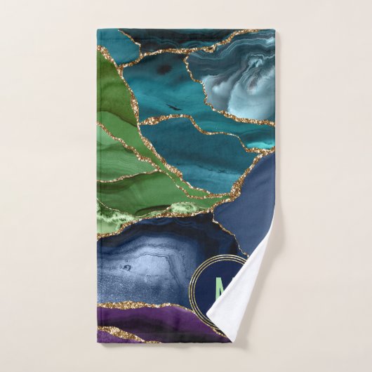 Monogramme bleu violet vert Agate or Parties scint (Serviette à main)