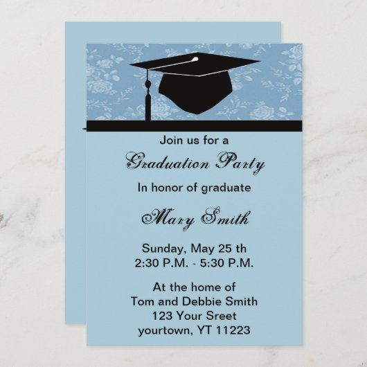 Monogramme Blue Floral Graduation Party Invitation (Devant / Derrière)