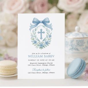 Monogramme Blue Wreath Baptism Invitation pour gar