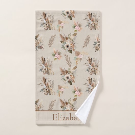 Monogramme Boho Beige Marron Botanique Herbe Flora (Serviette à main)