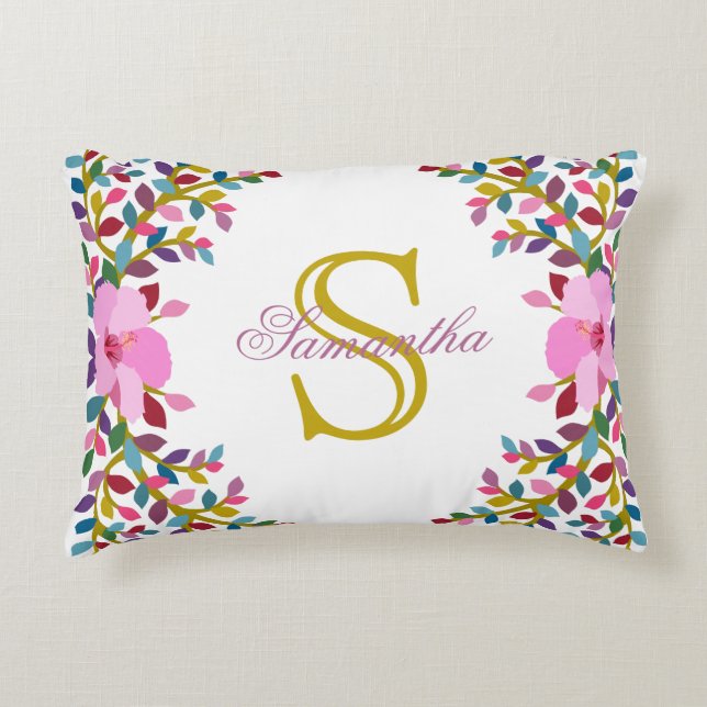 Monogramme Boho Foliage & Hibiscus Accent Coussin (Devant)