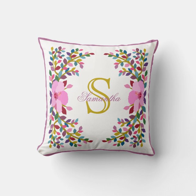 Monogramme Boho Foliage Hibiscus Lancer Oreiller (Recto)
