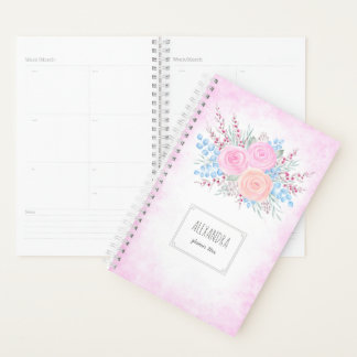 Monogramme Bouquet d'aquarelle Roses roses Bleues 