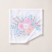 Monogramme Bouquet d'aquarelle Roses roses Bleues (Gant de toilette)