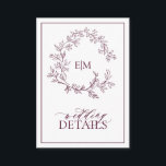Monogramme Bourgogne Détails du Mariage Carte de b<br><div class="desc">Nous aimons cette carte de détails tendance et moderne bordeaux ! Simple, élégant et oh-so-joli, il présente une couronne feuilletée dessinée à la main encerclant un monogramme mariage moderne. Il est personnalisé en typographie élégante, et accentué par la calligraphie lettrée à la main. Enfin, il est taillé dans un cadre...</div>