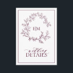 Monogramme Bourgogne Détails du Mariage Carte de b<br><div class="desc">Nous aimons cette carte de détails tendance et moderne bordeaux ! Simple, élégant et oh-so-joli, il présente une couronne feuilletée dessinée à la main encerclant un monogramme mariage moderne. Il est personnalisé en typographie élégante, et accentué par la calligraphie lettrée à la main. Enfin, il est taillé dans un cadre...</div>