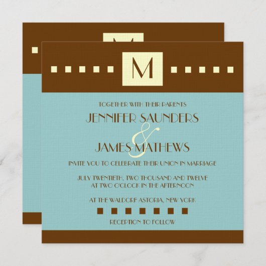 Monogramme Brown bleu Faire-part de mariage Art dé (Devant / Derrière)