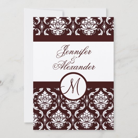 Monogramme Brown Damask Invitation sur papier à fe (Devant)