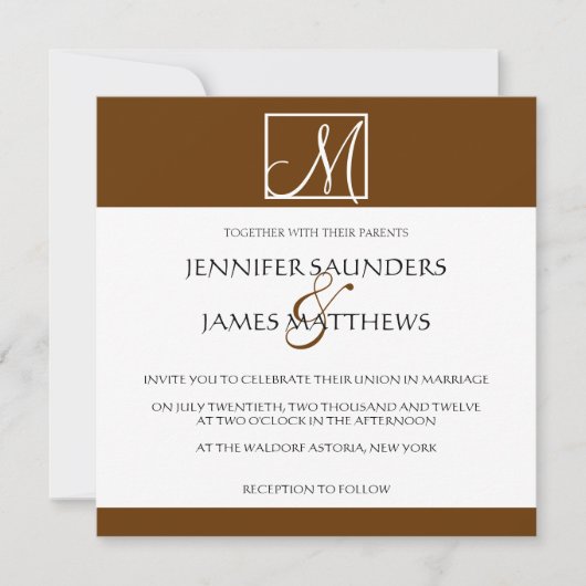 Monogramme Brown de luxe Faire-part de mariage ini (Devant)