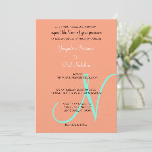 Monogramme Cantaloupe Turquoise Invitation (Debout devant)