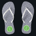 Monogramme clé marine et grecque verte<br><div class="desc">Sandales à tongs imprimées personnalisées avec un motif à clé grecque moderne élégant et votre monogramme ou autre texte personnalisé dans un cadre circulaire. Cliquez sur Customiser pour modifier les polices de texte et les couleurs ou ajouter vos propres images pour créer un design unique et unique !</div>