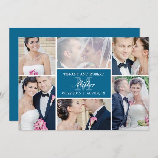 Monogramme Collage Mariage Faire-part - Bleu (Devant / Derrière)