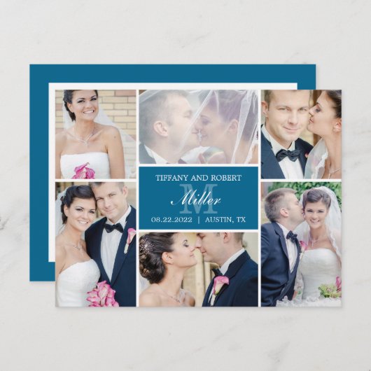 Monogramme Collage Mariage Faire-part - Bleu (Devant / Derrière)