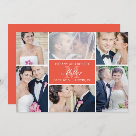 Monogramme Collage Mariage Faire-part - Corail (Devant / Derrière)