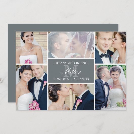 Monogramme Collage Mariage Faire-part - gris (Devant / Derrière)