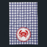 Monogramme Crabe et En vichy bleu serviette de cui<br><div class="desc">Une serviette de cuisine au design en vichy bleu.  Personnalisez avec votre monogramme sur l'illustration du crabe rouge.</div>