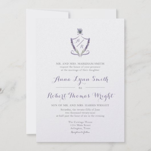 Monogramme Crest Lavande Faire-part de mariage (Devant)