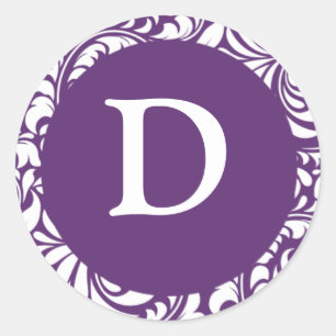 Monogramme D Purple Damask Invitation Stickers Sti