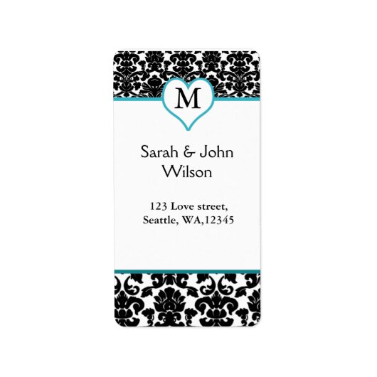 monogramme damask aqua, étiquette d'adresse de ret (Devant)