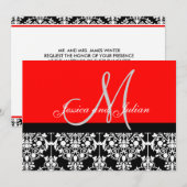 Monogramme Damask Invitation noire et rouge (Devant / Derrière)