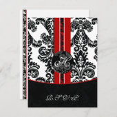 monogramme damassé rouge cartes rsvp (Devant / Derrière)