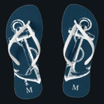 Monogramme d'Ancre Vintage bleu rustique<br><div class="desc">sandales à tongs imprimées sur mesure avec une illustration d'ancre vintage nautique rustique et votre monogramme ou autre texte personnalisé. Cliquez sur Customiser pour modifier les polices de texte et les couleurs ou ajouter vos propres images pour créer un design unique et unique !</div>
