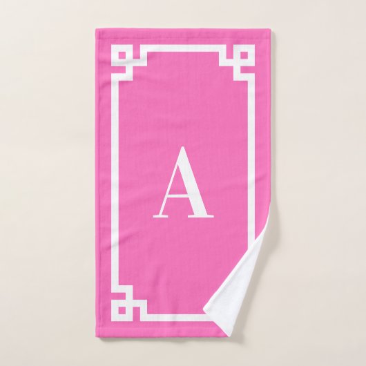 Monogramme de bordure de clé grecque rose et blanc (Serviette à main)