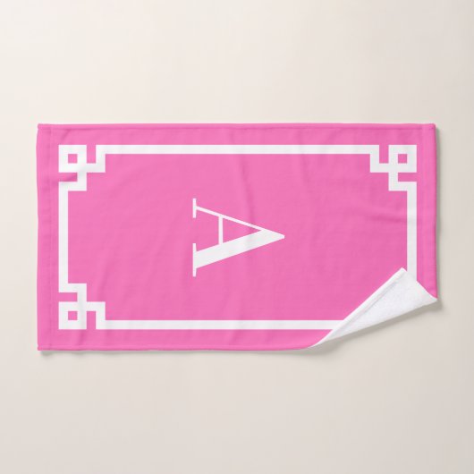 Monogramme de bordure de clé grecque rose et blanc (Serviette à main)