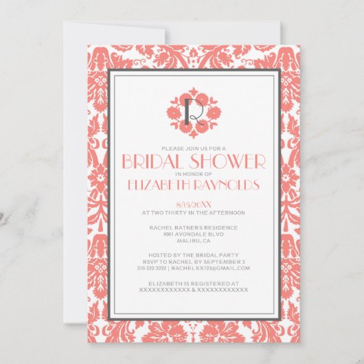 Monogramme de corail Invitations de douches nuptia (Devant)
