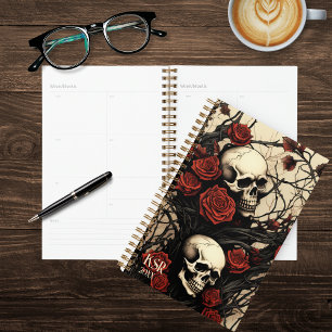 Monogramme de crâne gothique et de roses rouges