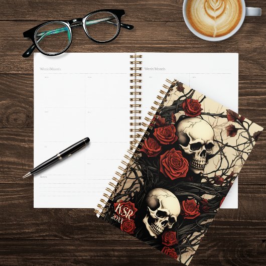 Monogramme de crâne gothique et de roses rouges