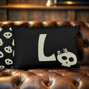 Monogramme de crâne mou Coussin d'Halloween noir