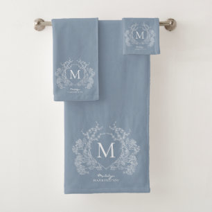 Monogramme de crête florale bleu foncé classique