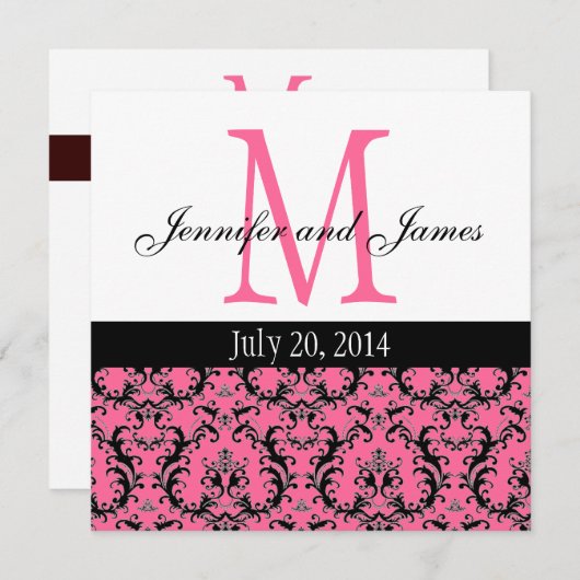 Monogramme de Damas rose chaud Faire-part de maria (Devant / Derrière)