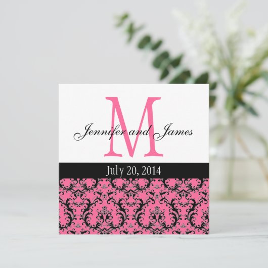 Monogramme de Damas rose chaud Faire-part de maria (Debout devant)