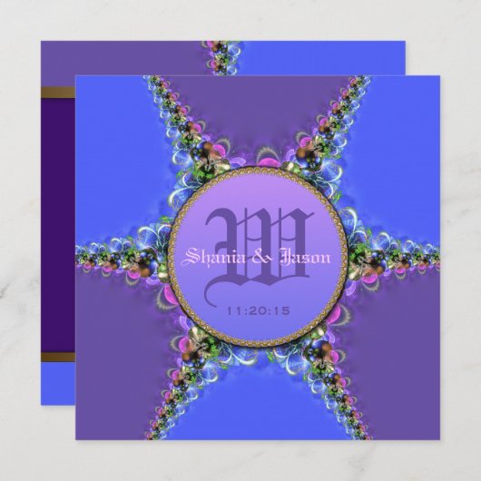 Monogramme de dentelle violet et bleu Invitations  (Devant / Derrière)