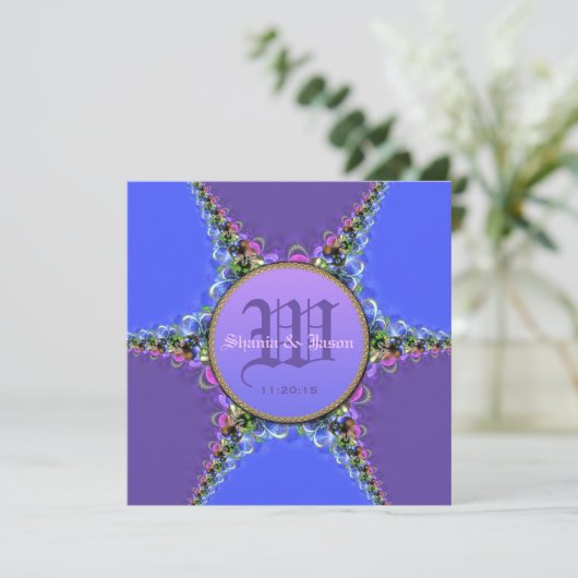 Monogramme de dentelle violet et bleu Invitations  (Debout devant)
