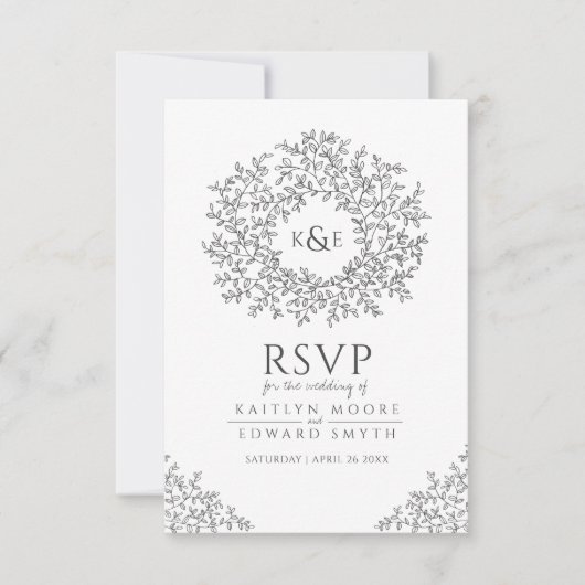 Monogramme de feuille gris foncé RSVP mariage (Devant)