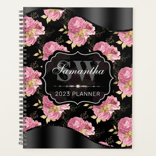 Monogramme de fleurs chic shabby rose et noir (Devant)