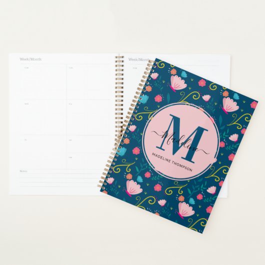 Monogramme de fleurs de papillon rose bleu marine (Devant avec enveloppe)