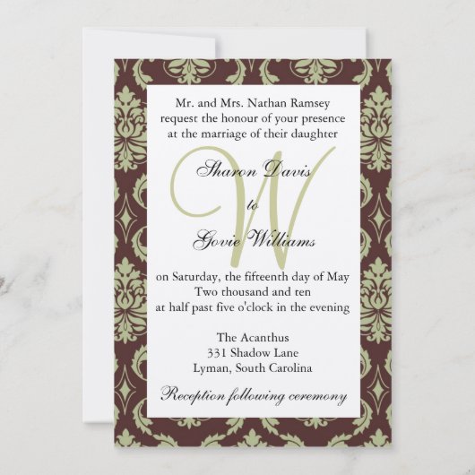 Monogramme de l'or et des Damas Brown Faire-part d (Dos)