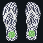 Monogramme de marine et de treillis vert<br><div class="desc">sandales à tongs imprimées sur mesure avec un motif moderne élégant et votre monogramme ou autre texte personnalisé dans un cadre circulaire. Cliquez sur Customiser pour modifier les polices de texte et les couleurs ou ajouter vos propres images pour créer un design unique et unique !</div>