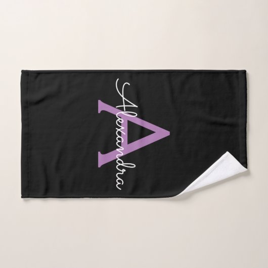 Monogramme de nom de script girly violet noir (Serviette à main)