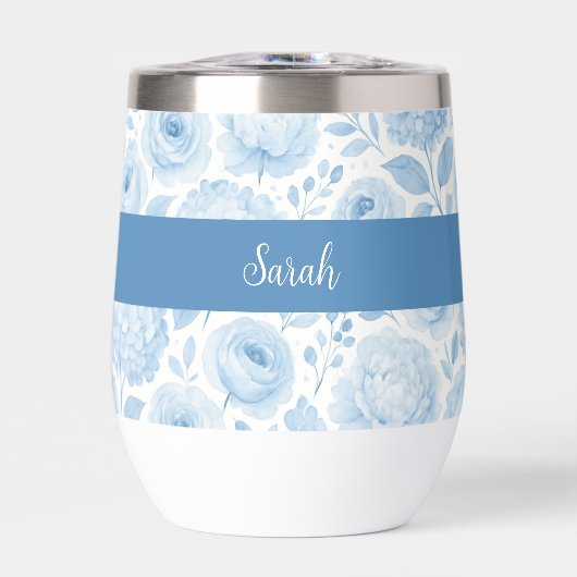 Monogramme de nom floral aquarelle bleu blanc (Avant)
